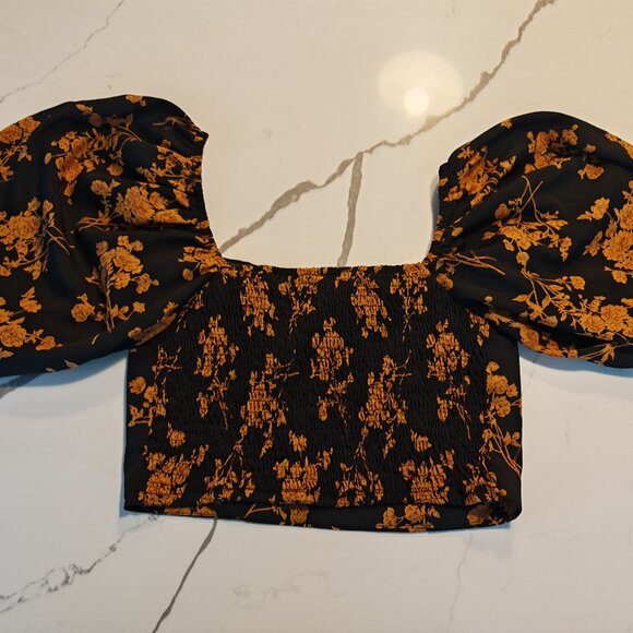 Black Floral Puff Sleeve Crop Top – Square Neck Romantic Cottagecore Size S - Picture 9 of 10